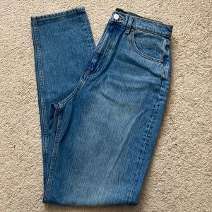 ASOS DESIGN Tall cotton blend mid rise ‘90s’ straight leg jeans in midwash MBLUE